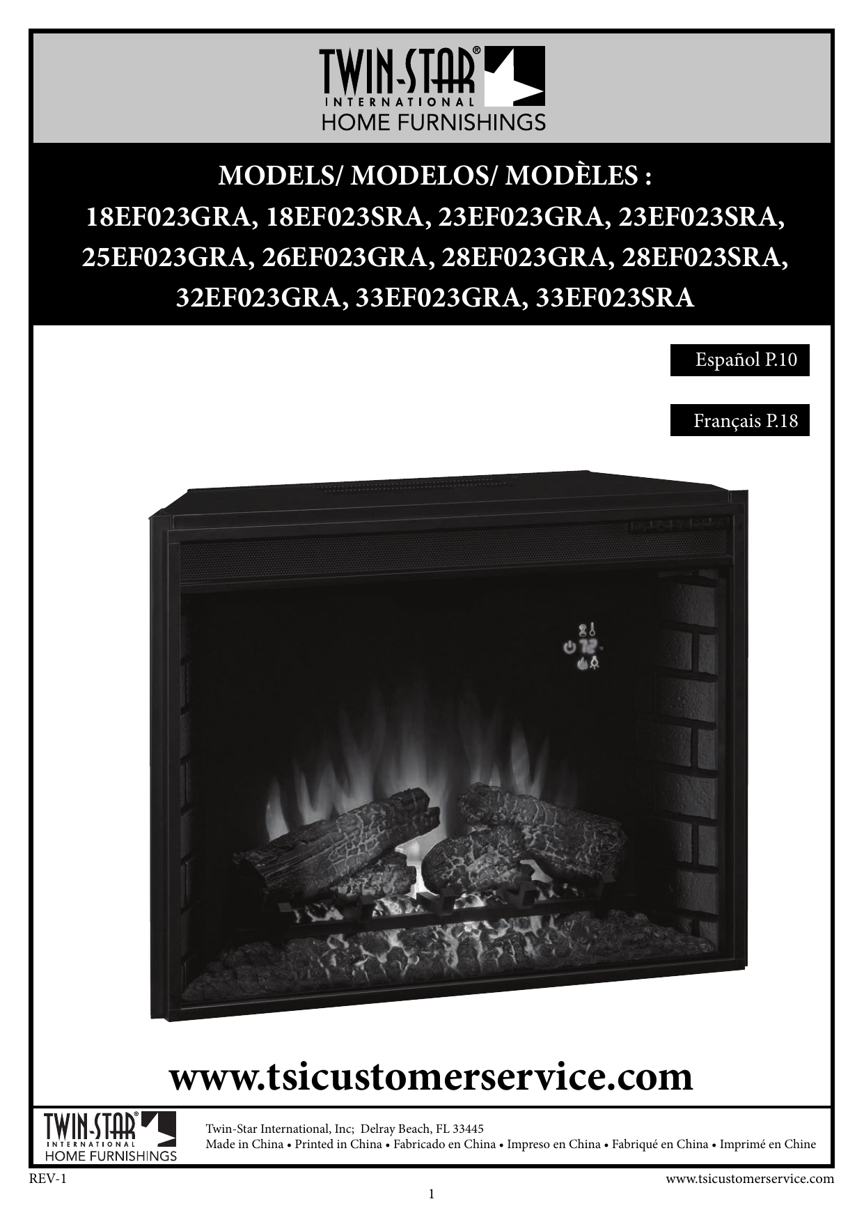Twin-Star International 33EF023GRA, 28EF023SRA, 25EF023GRA, 28EF023GRA,  23EF023GRA, 32EF023GRA, 18EF023SRA, 75867-BB, Fireplace, 74419-BB Manual |  Manualzz