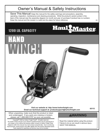 Haul Master 65115 1200 lb Capacity Hand Winch Owner’s Manual Manualzz