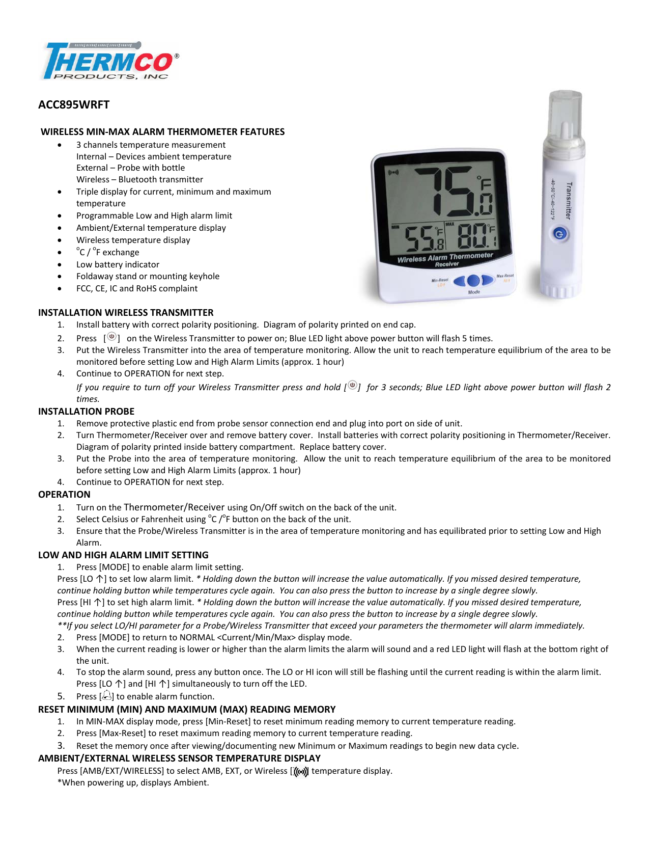 Thermco ACC895WRFT Wireless Fridge Freezer Temperature Monitoring