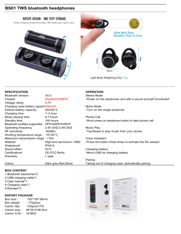 ISKIL BS01 TWS Shengdaren Portable True Bluetooth Headphones User Guide | Manualzz