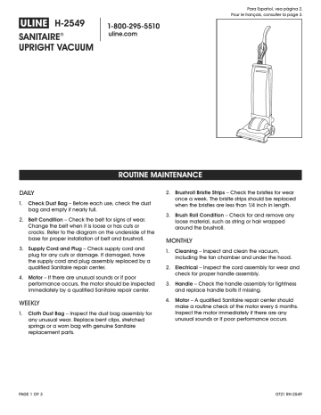 ULINE Sanitaire Upright Vacuum H-2549 Instructions | Manualzz