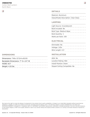 Quoizel CRB8407EK Corbin Wall Lantern Specification Sheet | Manualzz