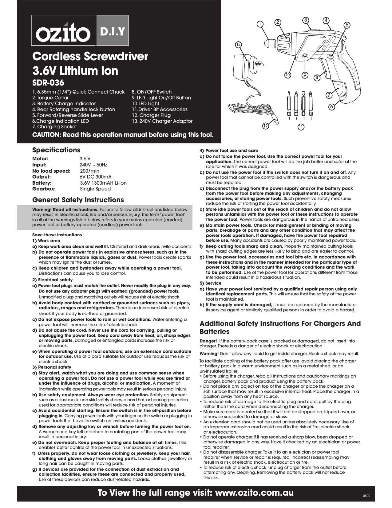 Ozito cordless 2025 screwdriver manual