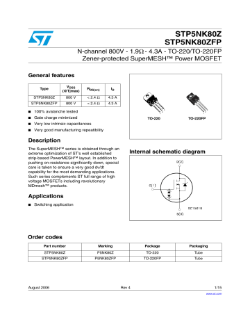 STMicroelectronics STP5NK80Z Datasheet | Manualzz