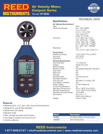 REED R1900 Compact Air Velocity Meter Datasheet | Manualzz