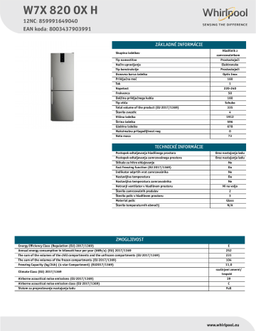 WHIRLPOOL W7X 82O OX H Fridge/freezer combination NEL Data Sheet | Manualzz