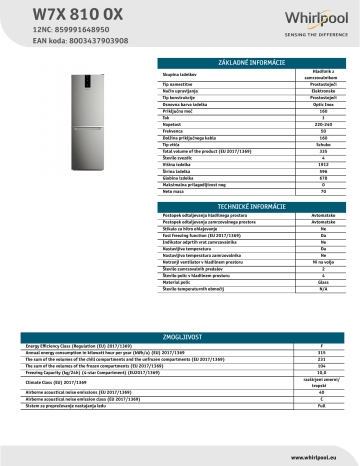 WHIRLPOOL W7X 81O OX Fridge/freezer combination NEL Data Sheet | Manualzz