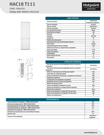 HOTPOINT/ARISTON HAC18 T111 Fridge/freezer combination Folha de dados do produto | Manualzz