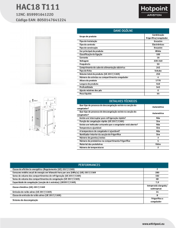 HOTPOINT/ARISTON HAC18 T111 Fridge/freezer combination Manual do usuário | Manualzz
