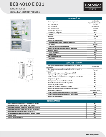 HOTPOINT/ARISTON BCB 4010 E O31 Fridge/freezer combination Folha de dados do produto | Manualzz