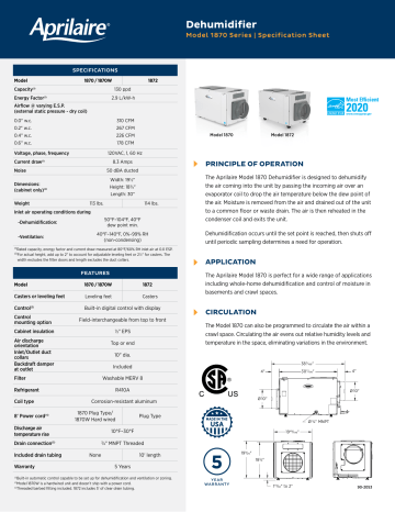 Aprilaire 1870 19-1/2 x 18-3/4 in. 130 pt. Dehumidifier Specification ...