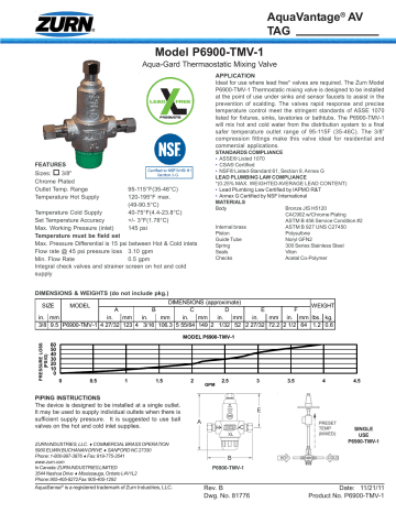 Zurn P6900-tmv-1-xl Aquasense® Manual Mixing Valve Chrome Specification 