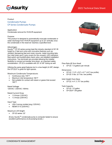 DiversiTech CP-22-230T 230V Condensate Pump Specification | Manualzz