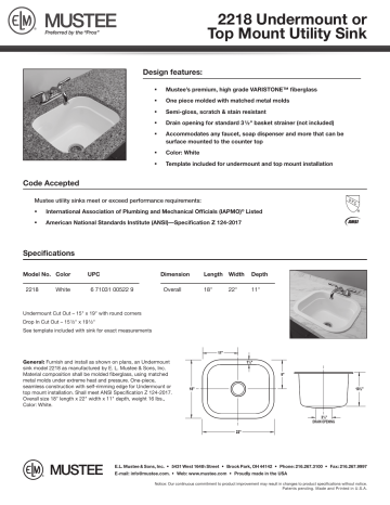 E.L. Mustee & Sons 2218 Undermount Utility Sink Specification | Manualzz