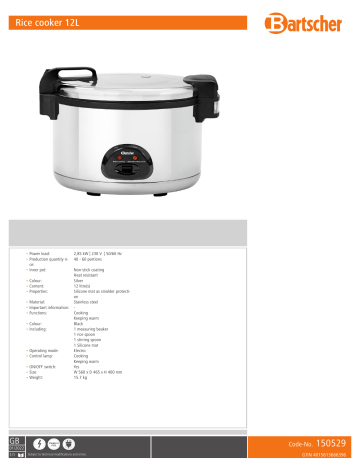 Bartscher 150529 Rice cooker 12L Data sheet | Manualzz