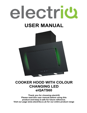 electriq 60cm sloping black glass chimney cooker hood