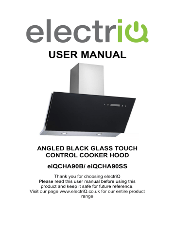 electriq 90cm angled black glass and steel cooker hood