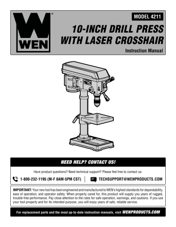 WEN 4211 3.2-Amp 10-Inch 5-Speed Benchtop Drill Press Product Manual | Manualzz