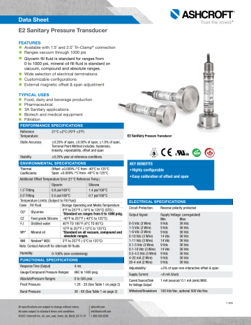 Ashcroft E2 – Sanitary Pressure Transducer Datasheet | Manualzz