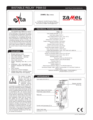 Zamel PBM-02 BISTABLE RELAY SET/RESET INPUT 230V AC Manual | Manualzz